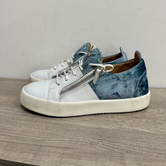 Giuseppe Zanotti Girlhood Leather Velvet Trim Sneaker White/Light Blue Size 40 - Picture 1 of 6